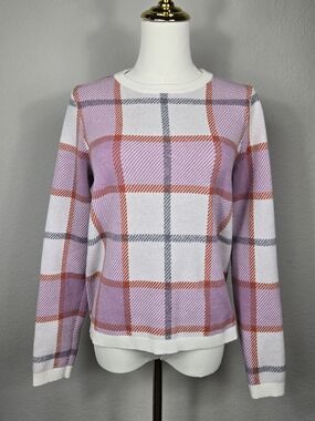 Tahari Perfect Shape Sweater Lilac Windowpane Plaid Crewneck Medium